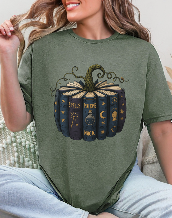 Witchy Pumpkin Book Graphic Tee | Spells Potions Magic T-Shirt | Fall Halloween Witchcore Shirt