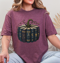 Witchy Pumpkin Book Graphic Tee | Spells Potions Magic T-Shirt | Fall Halloween Witchcore Shirt
