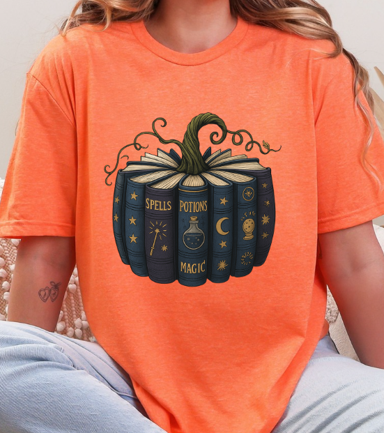 Witchy Pumpkin Book Graphic Tee | Spells Potions Magic T-Shirt | Fall Halloween Witchcore Shirt