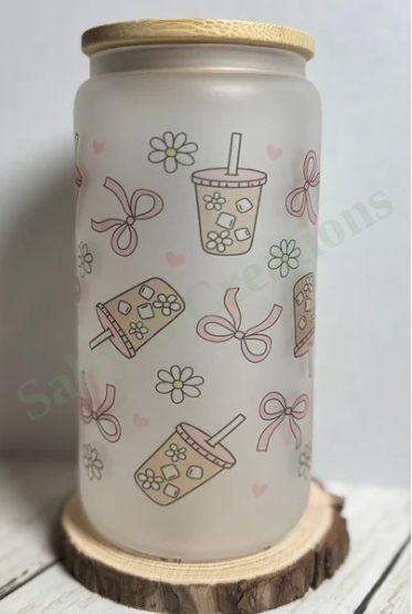 Frosted Glass Can Cup with Bamboo Lid & Straw | Cute Boba Tea, Daisies & Bow Design | 16oz Tumbler