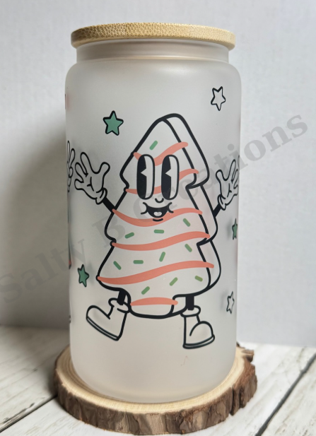 Frosted Glass Can Cup with Bamboo Lid & Straw | Retro Christmas Tree Character | 16oz Holiday Tumbler