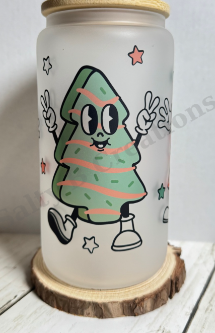 Frosted Glass Can Cup with Bamboo Lid & Straw | Retro Christmas Tree Character | 16oz Holiday Tumbler