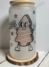 Frosted Glass Can Cup with Bamboo Lid & Straw | Retro Christmas Tree Character | 16oz Holiday Tumbler