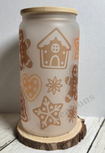 Frosted Glass Can Cup with Bamboo Lid & Straw | Gingerbread Cookie & Holiday Snowflake Design | 16oz Christmas Tumbler