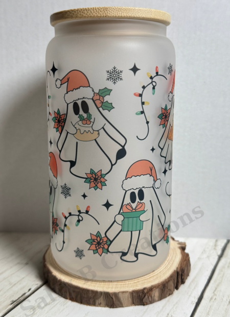 Frosted Glass Can Cup with Bamboo Lid & Straw | Christmas Ghosts & Holiday Lights | 16oz Spooky Holiday Tumbler