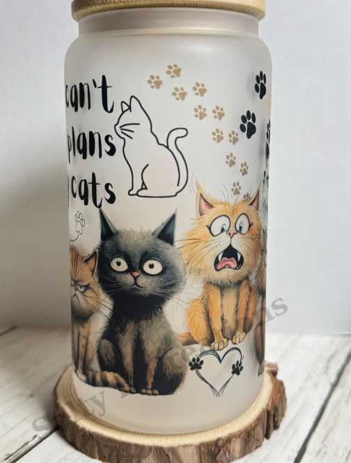 Frosted Glass Can Cup with Bamboo Lid & Straw | “Sorry I Can’t, I Have Plans with My Cats” | 16oz Cat Lover Tumbler