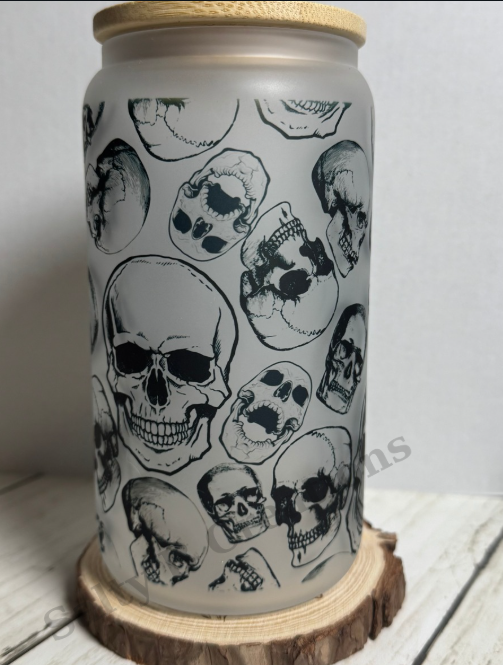 Black Skull Design| Frosted Glass Can Cup with Bamboo Lid & Straw | 16oz Gothic Halloween Tumbler