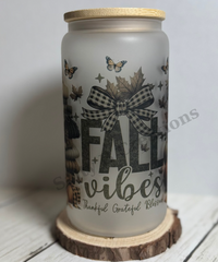 Frosted Glass Can Cup with Bamboo Lid & Straw | Fall Vibes Autumn Leaves & Pumpkins | 16oz Seasonal Tumbler