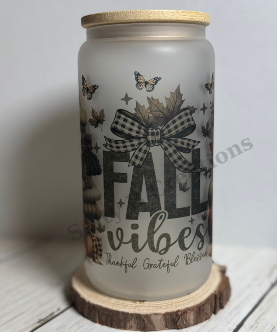 Frosted Glass Can Cup with Bamboo Lid & Straw | Fall Vibes Autumn Leaves & Pumpkins | 16oz Seasonal Tumbler