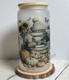 Frosted Glass Can Cup with Bamboo Lid & Straw | Fall Vibes Autumn Leaves & Pumpkins | 16oz Seasonal Tumbler