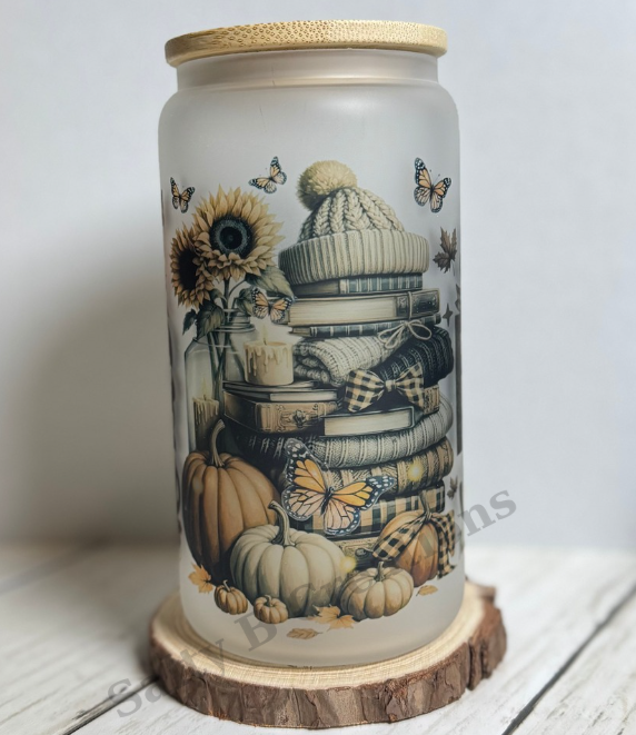 Frosted Glass Can Cup with Bamboo Lid & Straw | Fall Vibes Autumn Leaves & Pumpkins | 16oz Seasonal Tumbler