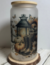 Frosted Glass Can Cup with Bamboo Lid & Straw | Fall Vibes Autumn Leaves & Pumpkins | 16oz Seasonal Tumbler