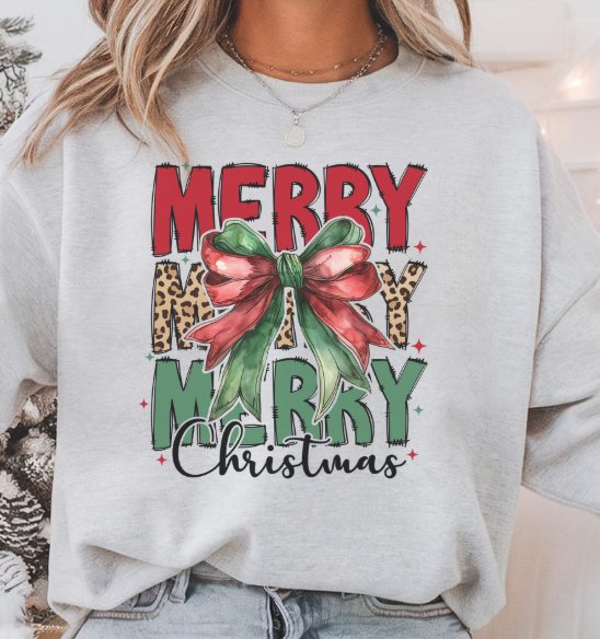 Merry Merry Merry Christmas Sweatshirt | Leopard Print Bow Holiday Sweatshirt