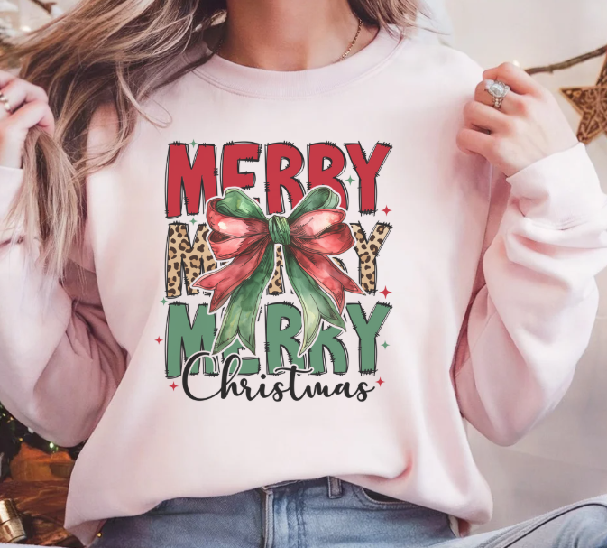 Merry Merry Merry Christmas Sweatshirt | Leopard Print Bow Holiday Sweatshirt