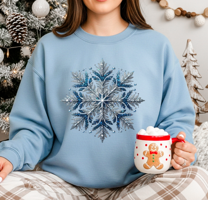Elegant Blue Snowflake Sweatshirt | Winter Sparkle Christmas Crewneck