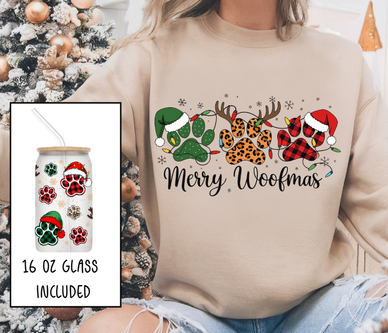 🎄 Merry Woofmas Sweatshirt + 16oz Glass Set 🎅🐾