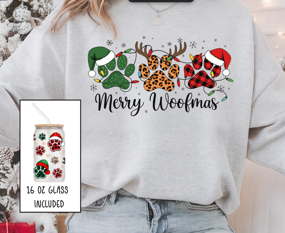 🎄 Merry Woofmas Sweatshirt + 16oz Glass Set 🎅🐾