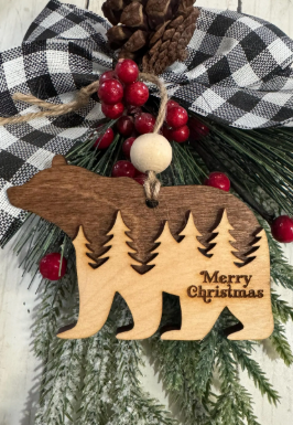 Wooden Bear Forest Christmas Ornament – Rustic Holiday Decor