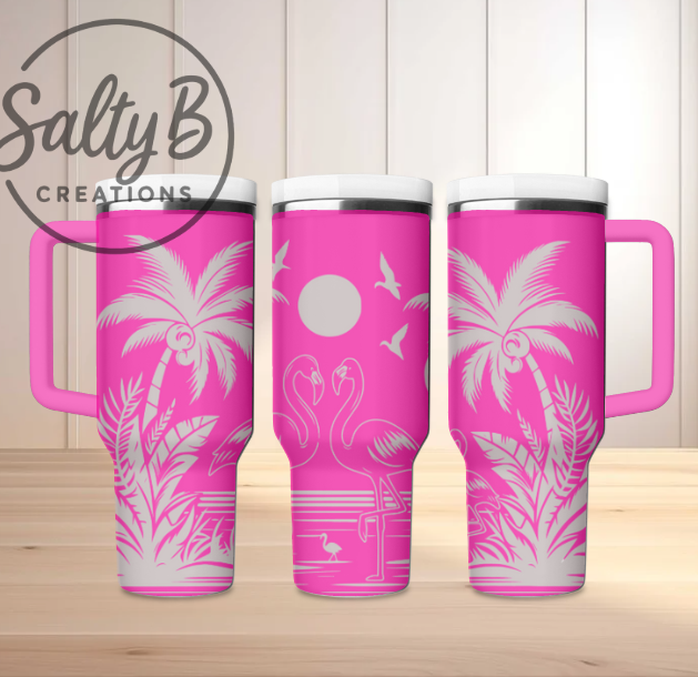 Tropical Island Flamingos Laser Engraved Tumbler