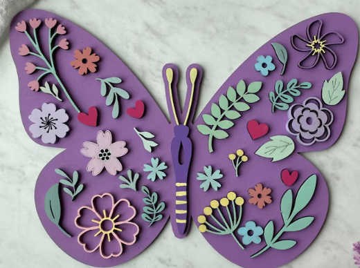 Sit Back & Craft DIY Box presenting a vibrant butterfly craft project adorned with colorful flowers and leaves, ideal for spring crafting.