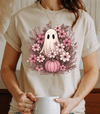 Pink Floral Ghost & Pumpkin Graphic | Unisex Softstyle Tee