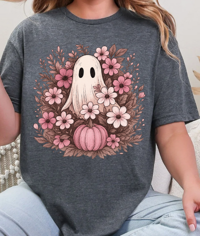 Pink Floral Ghost & Pumpkin Graphic | Unisex Softstyle Tee
