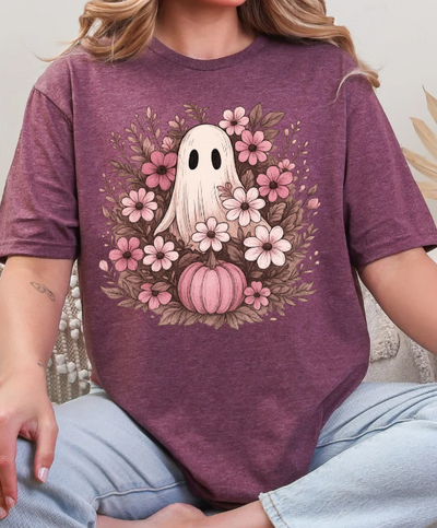 Pink Floral Ghost & Pumpkin Graphic | Unisex Softstyle Tee
