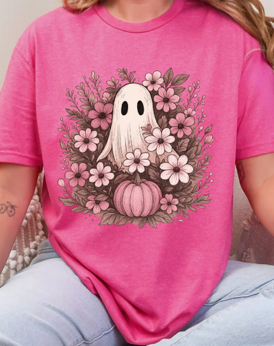 Pink Floral Ghost & Pumpkin Graphic | Unisex Softstyle Tee