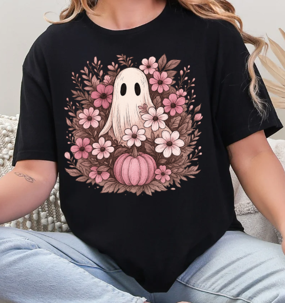 Pink Floral Ghost & Pumpkin Graphic | Unisex Softstyle Tee