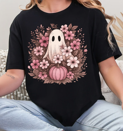 Pink Floral Ghost & Pumpkin Graphic | Unisex Softstyle Tee