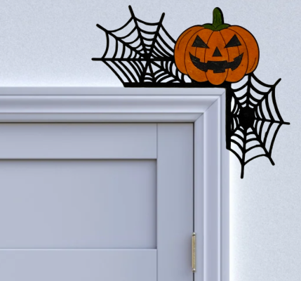 Pumpkin Door Topper with Spider Webs – Halloween Wooden Door Frame Décor | Jack-O’-Lantern Gothic Decoration