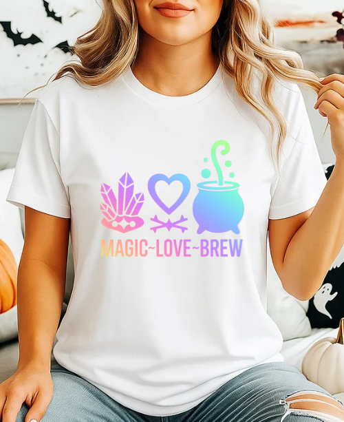 Magic Love Brew T-Shirt | Witchy Crystal Cauldron Graphic Tee