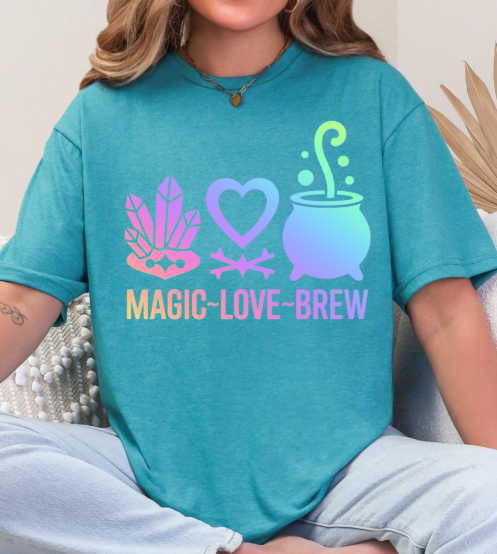 Magic Love Brew T-Shirt | Witchy Crystal Cauldron Graphic Tee