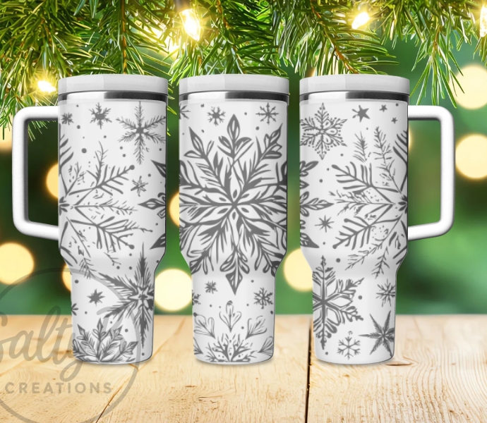 Rustic Snowflake Stainless Steel Engraved Travel Mug – Winter Edition