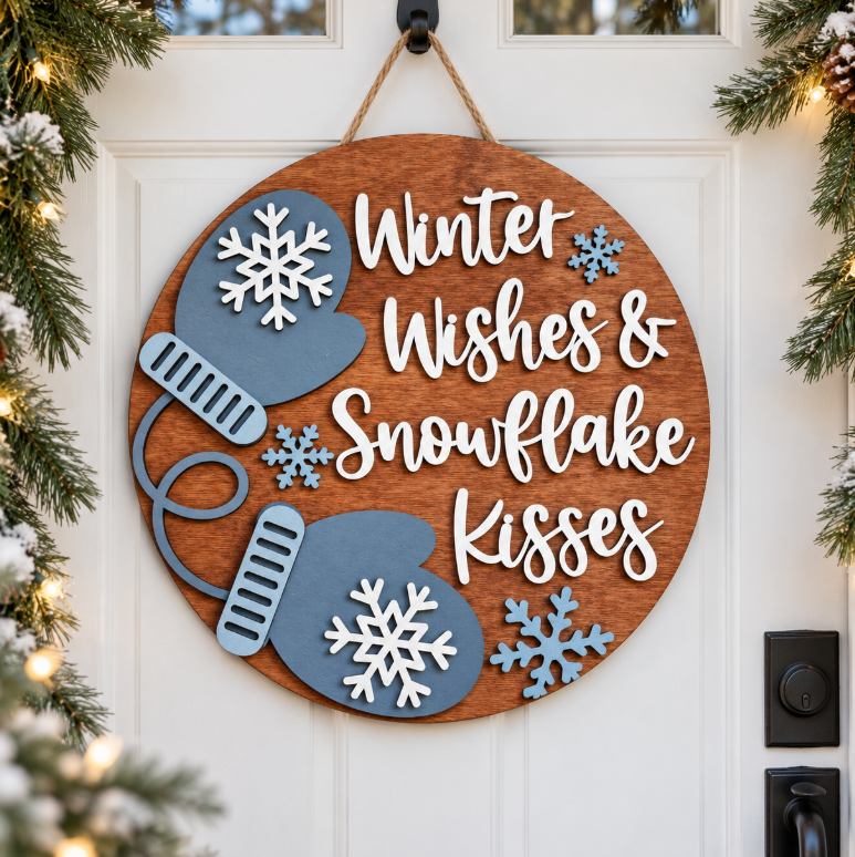 Winter Wishes & Snowflake Kisses Wooden Door Hanger – Layered 3D Winter Sign