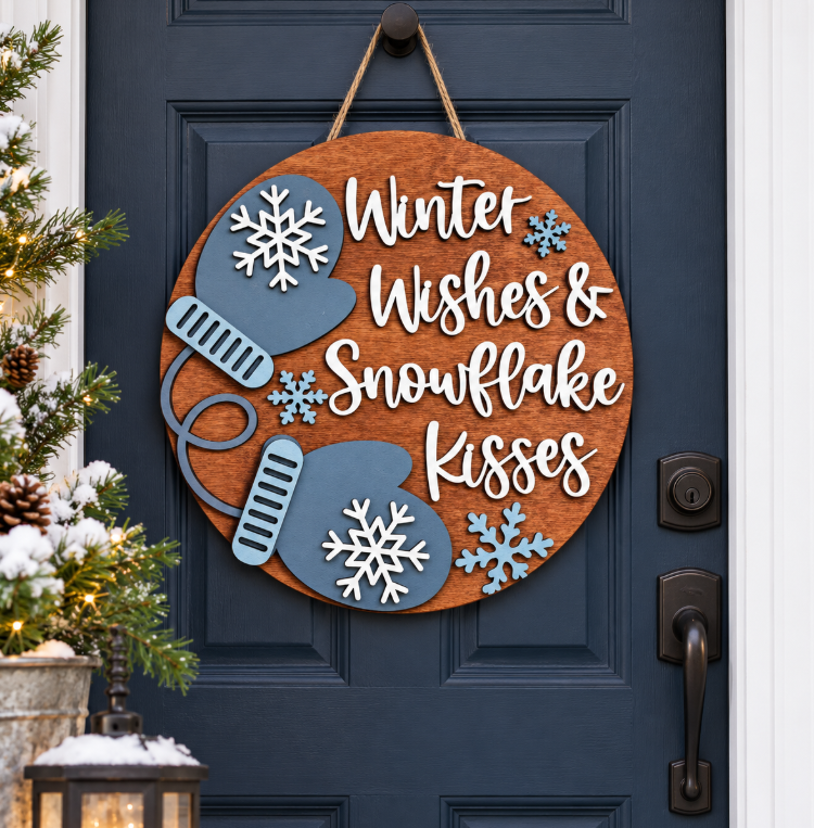 Winter Wishes & Snowflake Kisses Wooden Door Hanger – Layered 3D Winter Sign