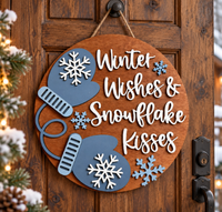 Winter Wishes & Snowflake Kisses Wooden Door Hanger – Layered 3D Winter Sign