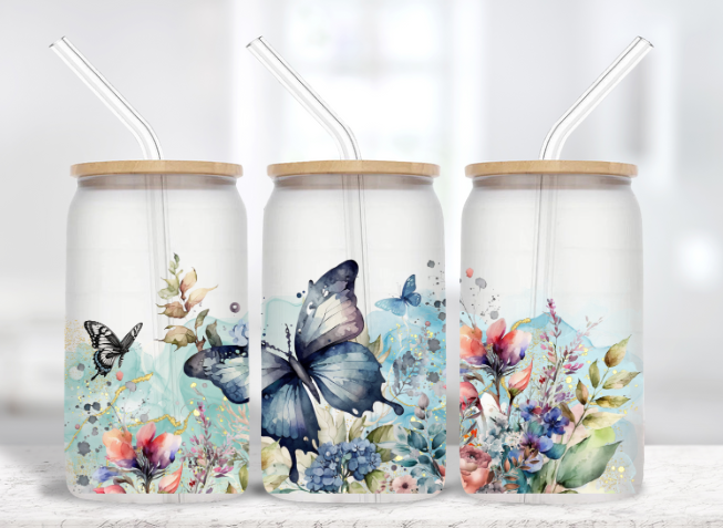 Watercolor Floral with Butterflies - 16 oz Frosted Glass