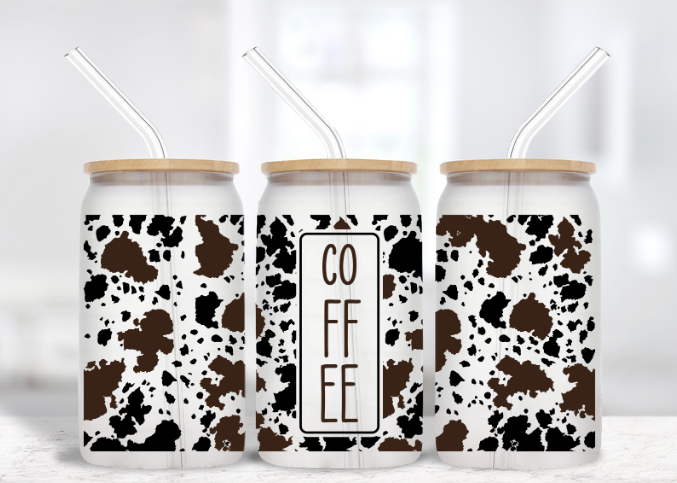 Cowffee Cow print - 16 oz Frosted Glass