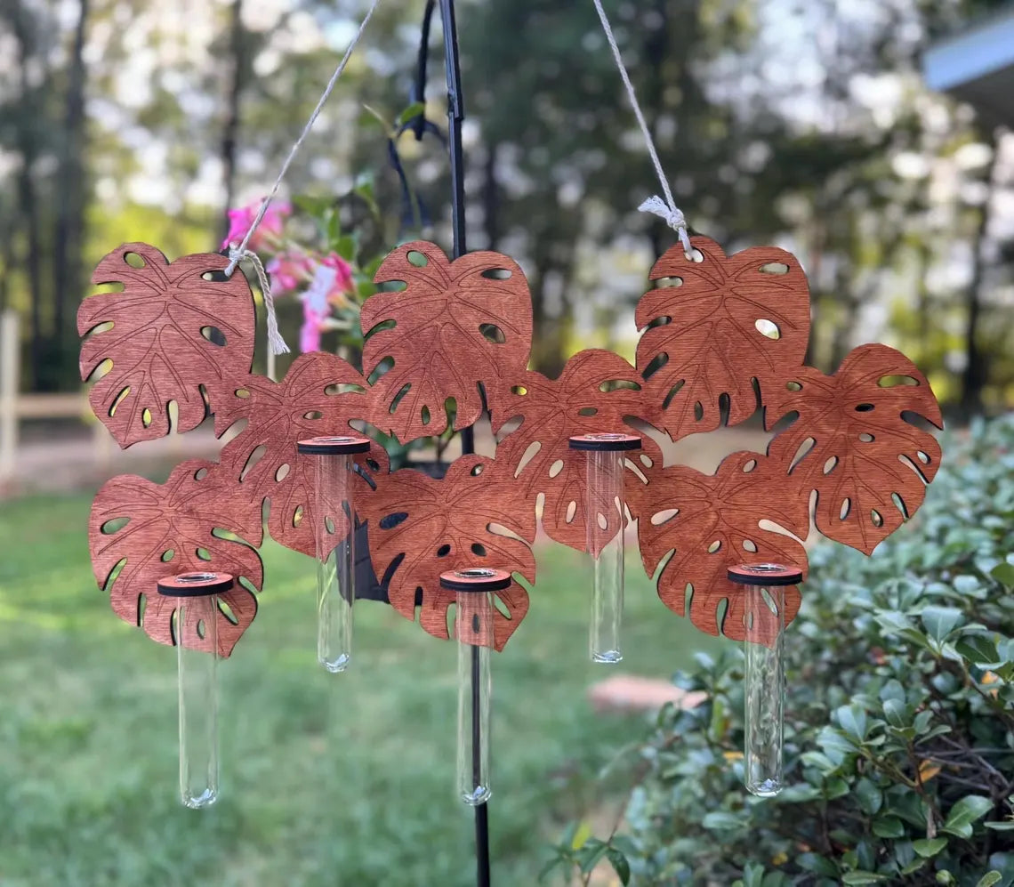 Monstera Leaf Propagation Station – Hanging Wooden Plant Propagation Wall Decor with Glass Tubes