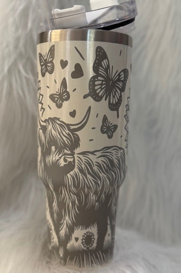 Highland Cow and Sunflowers 40 oz Laser Engraved Tumbler