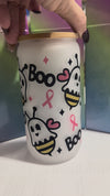 Boo Bee Breast Cancer Awareness Glass Can | Frosted Cup with Bamboo Lid | Cute Halloween Support Gift