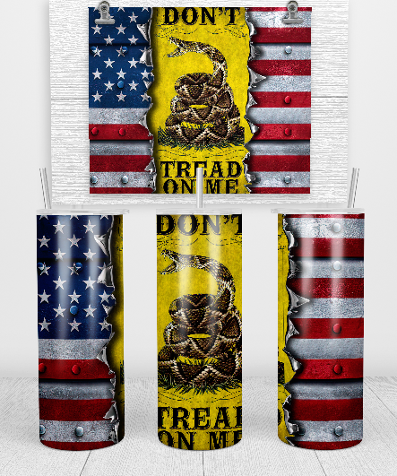 Don't Tread on Me tumbler by SaltyBCreations, featuring a double wall insulated design, available in 20oz and 30oz with a plastic slide lid and straw.